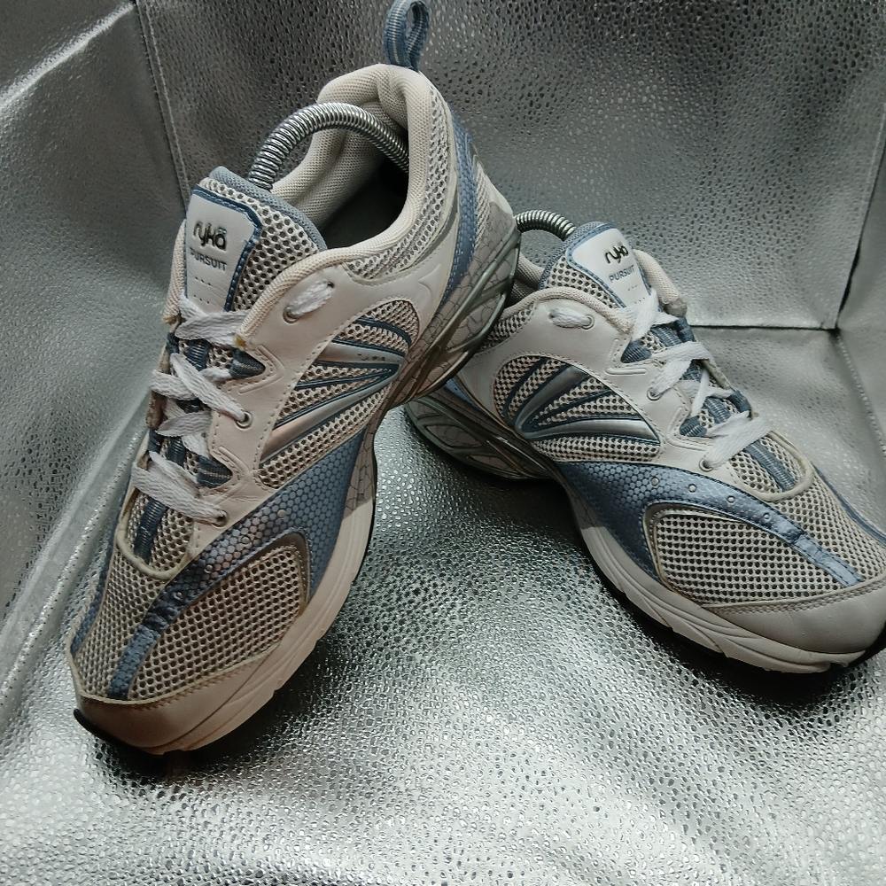Ryka White & Metalic Lt Blue Pursuit Sneakers Women's Size 9